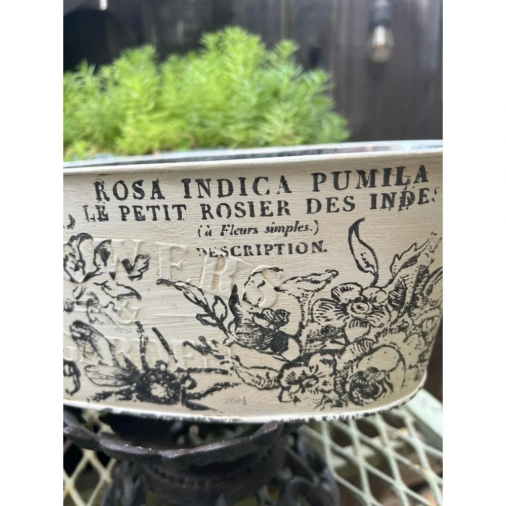 French country tin/ garden pot/ rustic stamped / rose toile